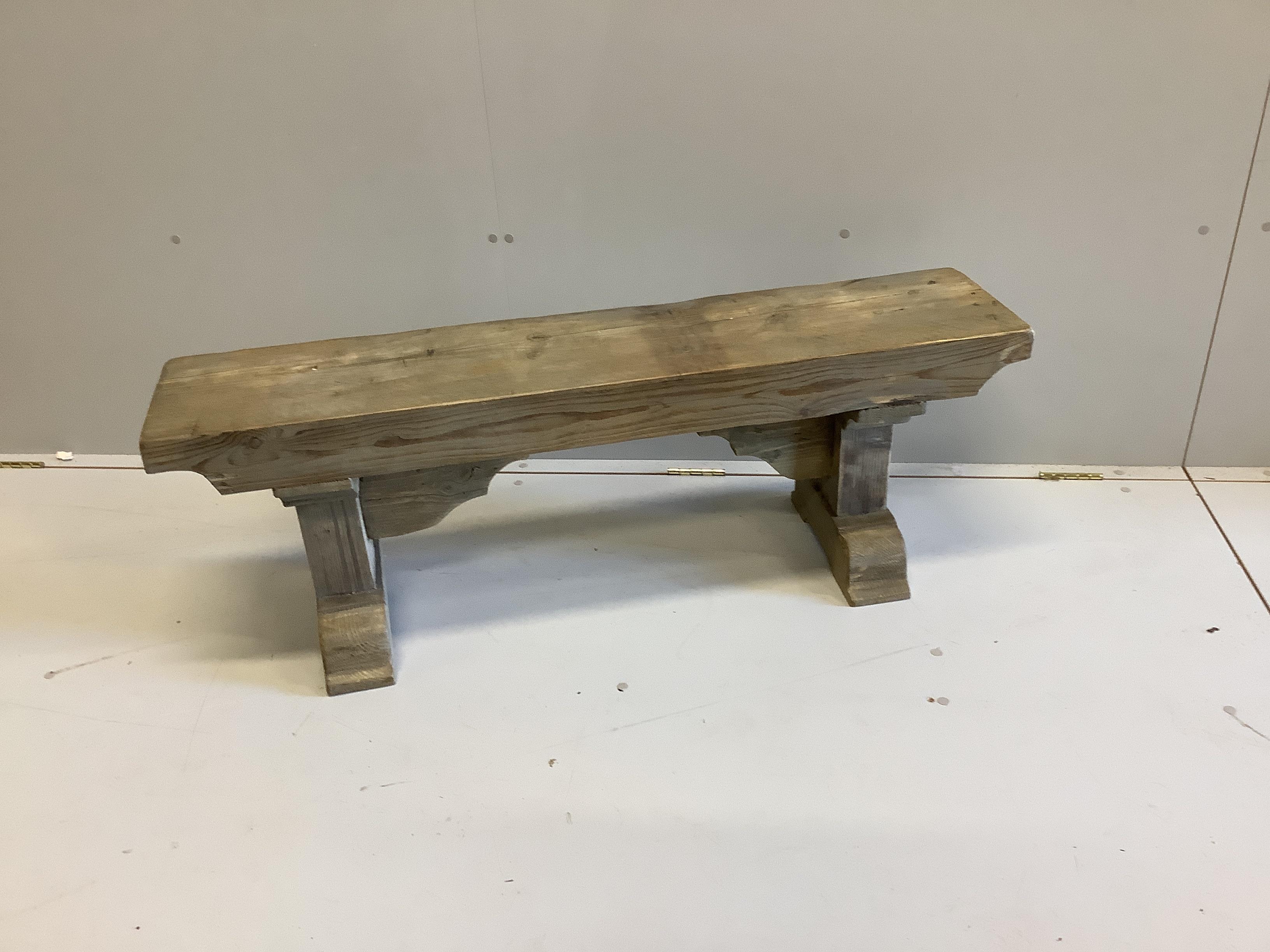 Two 18th century style fruitwood and pine bench seats, larger length 129cm, height 45cm